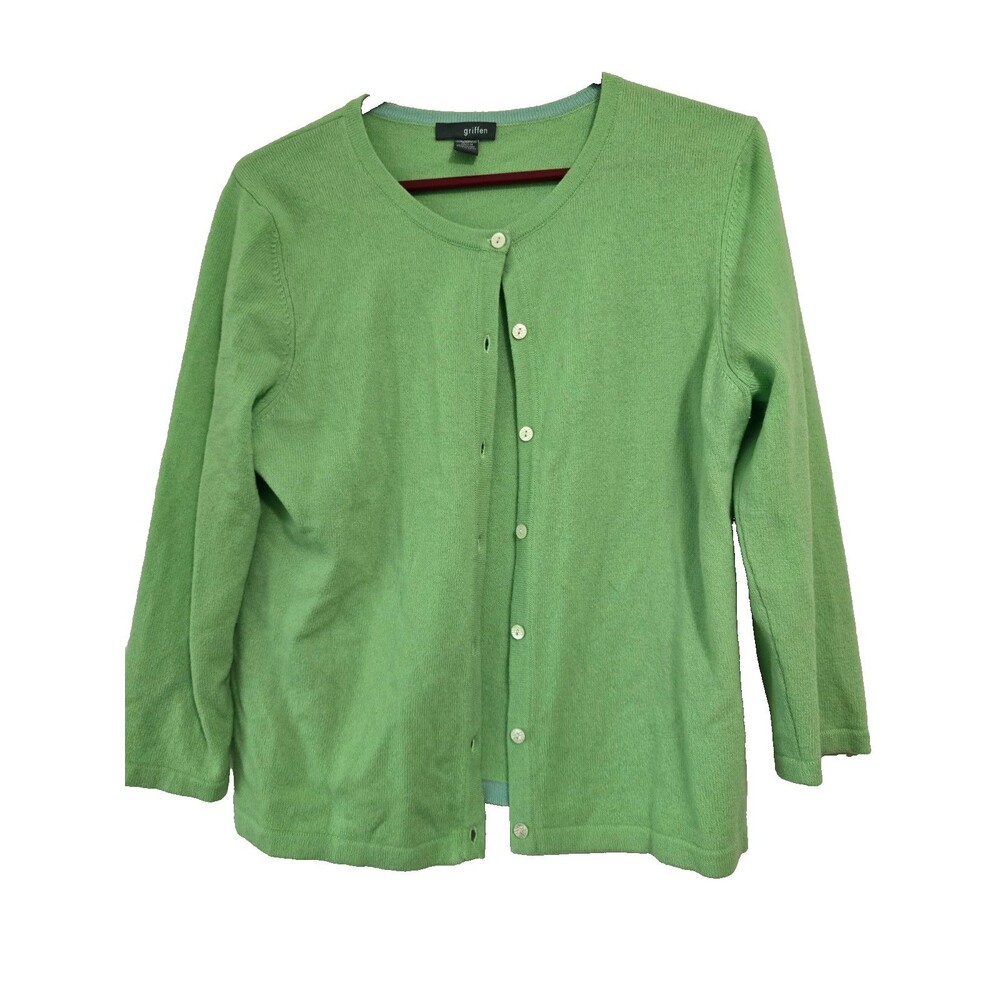 Griffen Cashmere Cardigan Womens Large Green Slim Fit Sweater Preppy Minimalist